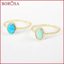 Cluster Rings BOROSA 10PCS Golden Bezel Oval Shape Japanese Opal Gems White/Blue Man-made Gemstone For Women Druzy Jewelry ZG0239