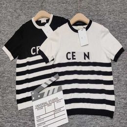 2023 New Women's High quality tshirt HH2023 Spring/Summer Trend Casual Black White Stripe Contrast Panel Crew Neck Sleeve T-Shirt Women