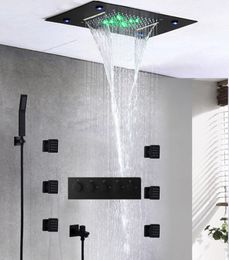 black waterfall shower set massage ceiling shower panel led thermostatic bath bathroom 2 inch body jets rainfall hand shower kit2369296