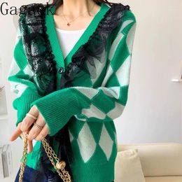 Women's Knits Gagaok Sweaters Lace Stitching Knit Black White Plaid Cardigan Sweater Women V-neck Loose Versatile Full Autumn Outerwear Top