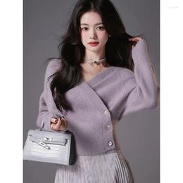 Women's Knits Knit V-neck Long Sleeved Cross Single Breasted Cardigans Patchwork Asymmetric Buttons Sweater Coats Autumn Slight Strech