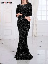 Long Sleeve Maxi for Women New Fashion Trumpet Mermaid Black Dress Elegant O Neck Slim Evening Dresses