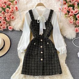 Work Dresses 2023 Women Two Piece Set Korean Fashion Bowtied Collar Blouse And Spaghetti Strap Single Breasted Mini Tweed Dress Suits Z276