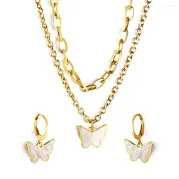Necklace Earrings Set Butterfly White Shell Charm Drop For Women Girls Stainless Steel Double Chain Sweet Waterproof Gift