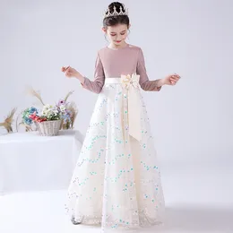 Girl Dresses Sparkly Long Sleeve Flower Girls Dress 2023 Sequined Birthday Party Pageant Gowns Bow Kids Junior Bridesmaids