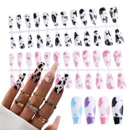 False Nails 24pcs Cute Cow Press On Fake With Designs Candy Colour Print Sticker Tip Middle Square Nail Tips DIY Manicure JICSH24