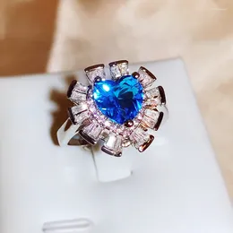 Cluster Rings Fancy Ring For Women Fashion Blue Shiny Zircon Heart Shaped Jewellery Wedding Diamond 925