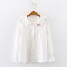 Women's Blouses Shirts Korean style student women's top and shirt Lolita Peter Pan collar button up lace shirt Youth girl floral long sleeved white shirt 230410