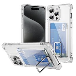 Clear Card Slot Kickstand Phone Cases for iPhone 15 14 Plus 13 12 11 Pro Max Samsung Galaxy S24 S23 Plus Transparent Matte Square Card Holder Bracket Cover