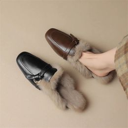 Slippers Winter Split Leather Women Shoes Rabbit Hair Mules Shoes for Women Square Toe Slippers Chunky Heel Cover Toe Slippers Shoes 231110