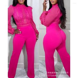 Women's Two Piece Pants 2023 Autumn Winter Fashion Rose Red Lace Stitching Jumpsuit Top & Full Length Trousers