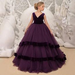 Girl Dresses Tulle V Neck Flower Velvet With Bow Long Child Birthday Wedding Party Layered Formal Evening Ball Gowns