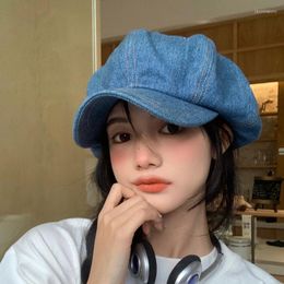 Berets Korean Denim Beret Women Spring And Autumn Retro Big Head Circumference Cloud Hat Fashion Casual Octagonal Painter Cap