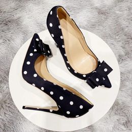Dress Shoes Ladies Designer Polka Dot Women Black Satin Stiletto High Heels With Bowknot Pointed Toe Silk Pumps
