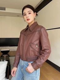 Women's Leather Genuine Cropped Motorcycle Jacket For Women 2023 Trend High-end Vintage Slim Zipper Real Sheepskin Coats