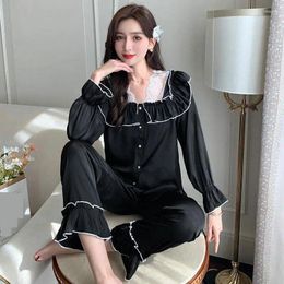 Women's Sleepwear Spring Women 2PCS Pyjamas Set Autumn Long Sleeve Shirt Trouser Nightsuits Suit V-Neck Lace Satin Pijamas Lingerie