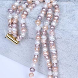 Chains Daking 6-7mm Genuine Natural White & Pink Purple Akoya Cultured Pearl Necklace 18" 3 Rows