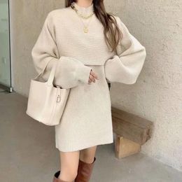 Work Dresses Pullover Set Of Dress Autumn And Winter Niche Lantern Sleeve Half High Collar Solid Shawl Knitted Two-piece Sweater Women