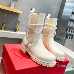 2024-Women Genuine Leather Boots Crystal Snake Wrapped Flat Bottom Casual Martin Boot Designer Shoes Round Toe Elastic Fabric Fashion