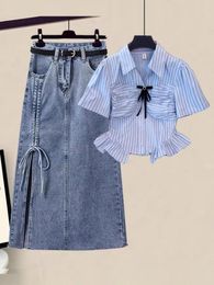 Work Dresses Summer Outfits For Women 2023 Fashion French Vintage Ruffles Patchwork Striped Shirts And Drawstring Side Split Denim Skirts