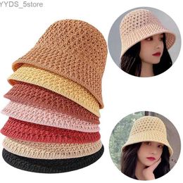 Wide Brim Hats Bucket Hats Bucket Hat Spring Summer Hollow Knitted Hat Solid Colour Sunhat Fisherman Caps Casual Foldable Beach Cap YQ231110