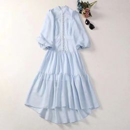 European and American women's dress 2023 winter new Lantern sleeve seven-point sleeve stand collar blue fashion Irregular dress