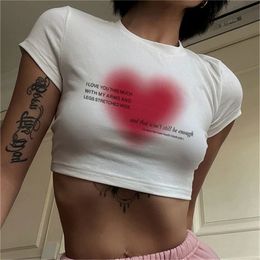 Womens TShirt 2000s Streetwear Harajuku Y2K heart Print Baby Tees Summer Egirl White Crop Tops Goth Short Sleeve Tshirts Slim 230408