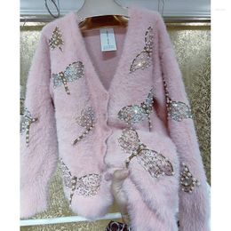 Women's Knits V Neck Butterfly Embroidery Oversized Cardigan Sweet Winter Sweater Mujer Beaded Pearl Sequin Cardigans Pink Coat Sueters