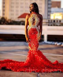 2023 April Aso Ebi Red Mermaid Prom Dress Lace Beaded Evening Formal Party Second Reception Birthday Engagement Gowns Dresses Robe De Soiree ZJ335