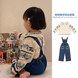 Pullover Kids Clothes Girls Shirts Pants For 2023 Autumn Child Embrodiered Floral Blouse Suspender Jeans Children's Clothings 231109