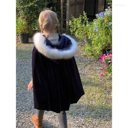 Jackets Children Clothing Kids Coat 2023 Winter Girls Large Fur Collar Velvet Shawl Cape Fashionable Solid Colour Warm