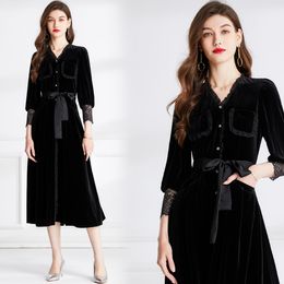 Elegant Black Velvet Midi Runway Dress Women Designer Long Sleeve V-Neck Slim Bow Lace Up Vacation Party Dresses 2023 Spring Autumn Solid Office Lady Loose Frocks