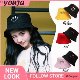 Wide Brim Hats Bucket Hats Unisex Bucket Hat Smile Embroidery Women Cotton Corduroy Double-Sided Bob Hip Hop Hat Four Season Panama Beach Fishing Sun Caps YQ231110