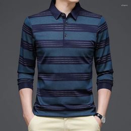 Men's Polos Spring And Autumn Striped Polo Collar Long Sleeve Tee T-shirt Underlay Fashion Casual Loose Shirt Formal Tops