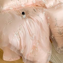 Bedding Sets High End French Romantic Wedding Princess Set Luxury 4pcs Pink Lace Embroidery Quilt/Duvet Cover Bed Sheet Pillowcases