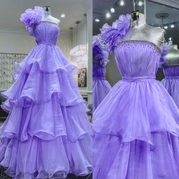 Lilac Prom Dress 2k24 Ruffles One-Shoulder Layer Organza Long Lady Preteen Pageant Gown Formal Evening Cocktail Party Wedding Guest Red Capet Runway Gala Black-Tie