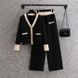 Women s Two Piece Pant Knitting 2 pieces sweater Suit soft V neck Single Breasted cardigan Pants lady winter Set autumn Tracksuit cloth 231110