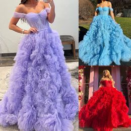 Shimmer Ruffled Tulle Prom Dress 2k23 Corset Bodice Pageant Ball Gown High Slit Formal Evening Event Party Runway Gala Quince Light Blue Red Periwinkle Pink Lilac