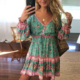 Casual Dresses Inspired tuiquoise long sleeve dress for women V-neck drawstring waist dress gypsy spring summer dress women dress