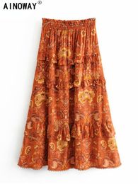 Skirts Vintage Fashion Women's Hippie Beach Bohemian Flower Print Ruffled Leather High Elastic Waist Maxi A-Line Bohemian Leather Women's 230410