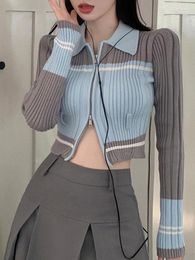 Women's Knits Knitted Cardigan Women Autumn Long Sleeve Lapel Zip Up Skinny Crop Top Korean Fashion Sweet Slim Short Sweater Y2K Streetwear