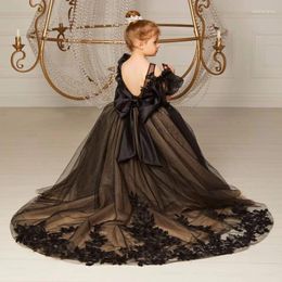 Girl Dresses Flower Black Tulle Appliques With Bow And Tailing Sleeveless For Wedding Birthday Party Banquet Princess Gowns
