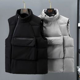 Men's Vests Fashion Design Thermal Vest Men Big Pockets Korean Male Waistcoat Stand Collar Sleeveless Jacket Gilets Padded Winter Coat Warm 231109