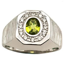 Cluster Rings 925 Silver Men Ring Natural Green Peridot 6x8mm Oval Gemstone August Lucky Birthstone Heavy Band R514PNN