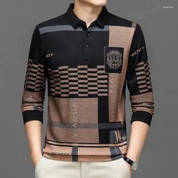 Men's Polos Autumn And Winter T Shirts For Men Long Sleeve Letter Printing Button Striped Polo Tees Turn-down Collar Pullover Tops