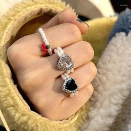 Cluster Rings Rhinestone Black Pink White Crystal Love Heart Charm For Women Double Layers Imitation Pearl Beads Elastic Ring Gift