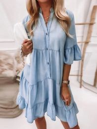 Casual Dresses Women's denim dress Summer short sleeved lapel single chest solid denim sun dress Women's pocket casual mini dress 230410