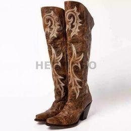 Boots Cowboy For Women 2023 Fashion Brown Knee High Heels Embroider Sexy Warm Winter Zip Femme Handmade Shoes Size 43 230408