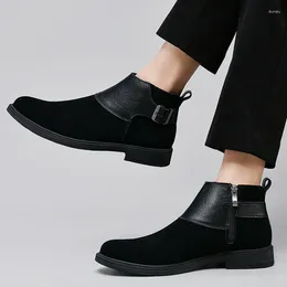 Для мужчин 2024 Ботинки Модные мужские зимние ботинки на молнии с круглым носком из флока, теплые плюшевые туфли на низком каблуке в римском стиле 13646 's