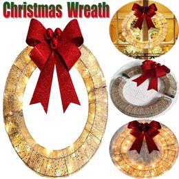 Decorative Flowers Wreaths Christmas Metal Wreath With LED Light Front Door Hanging Garland Red Bow Tree for Home Party Decor 231109